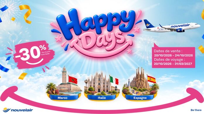 Nouvelair réactive sa promo « Happy Days » avec (-30%) vers l’Espagne, l’Italie et le Maroc
